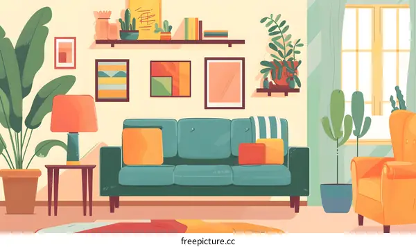 Colorful Living Room Interior Design with Sofa, Armchair, and Plants