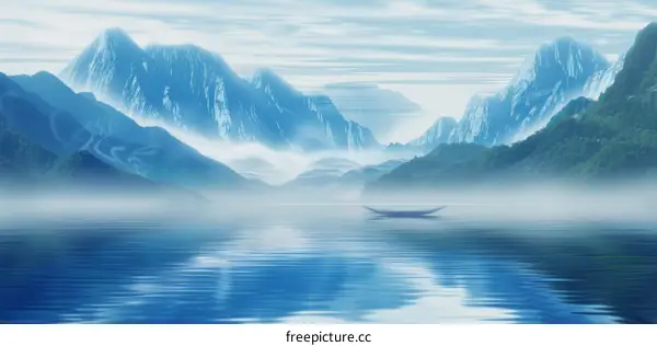 A boat floating on a lake with mountains in the background