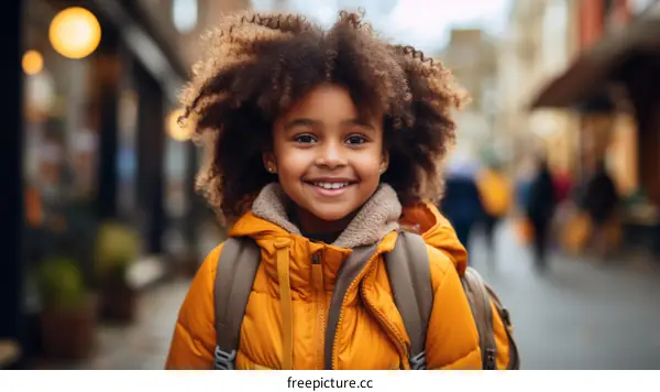 Portrait of a smiling young girl with curly hair wearing a yellow jacket and a backpack