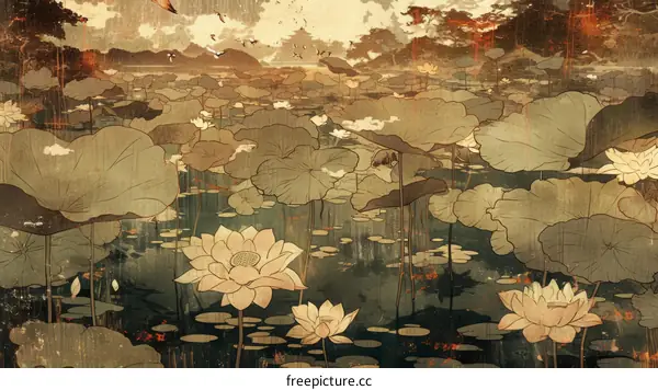 A pond full of lotus flowers and lily pads with a forest in the background
