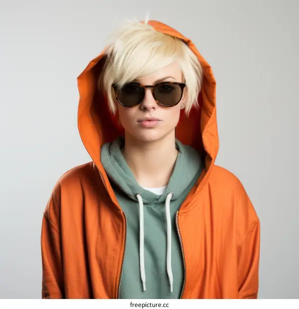 A blonde woman wearing an orange hoodie and sunglasses
