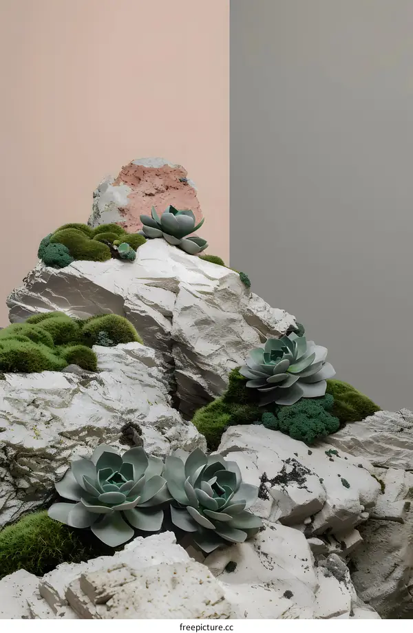 Green Succulents on Stacked Rocks with Background Wall