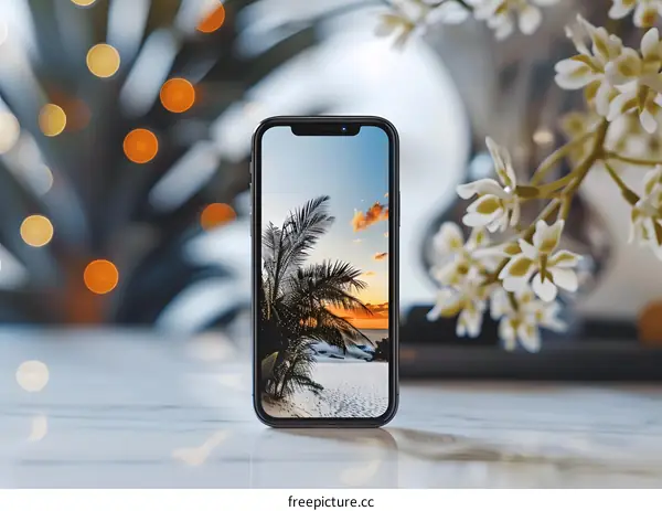 Smartphone Displaying Tropical Beach Sunset Wallpaper
