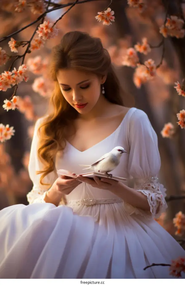 portrait of a beautiful woman in a white dress with a bird on her hand