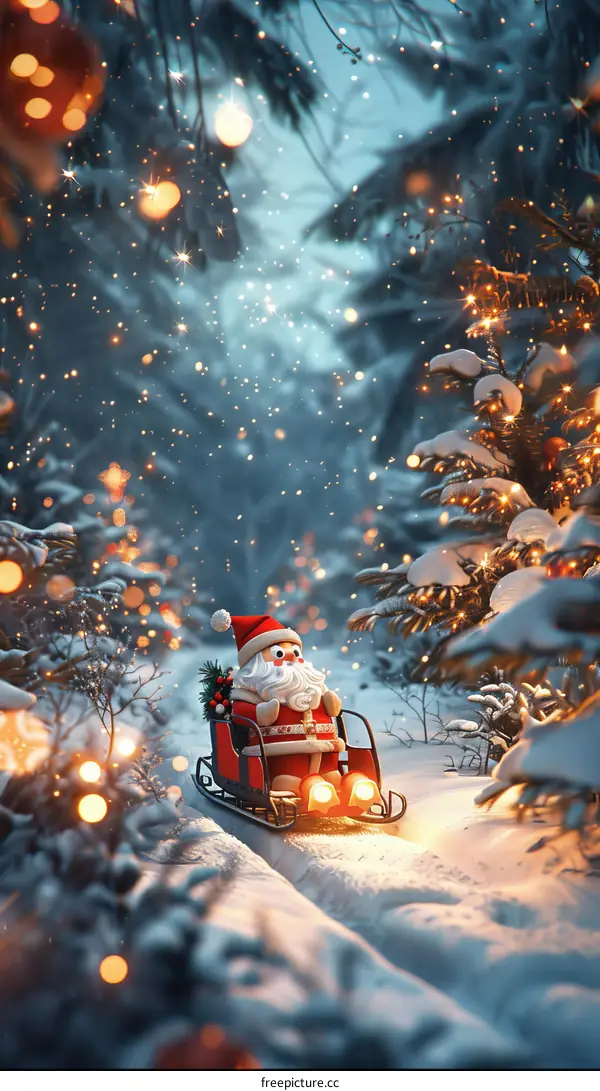 Santa Claus riding a sleigh through a snowy forest