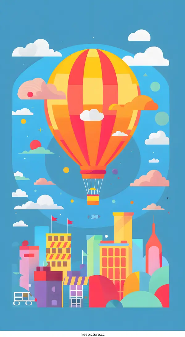 Colorful Hot Air Balloon Flying Above Cityscape Illustration