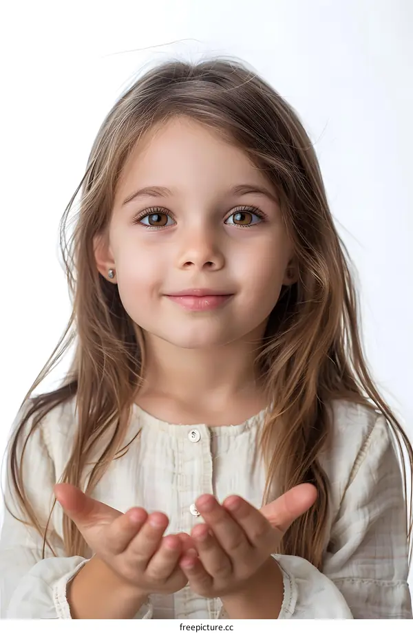 Little girl with long brown hair and brown eyes holding her hands out