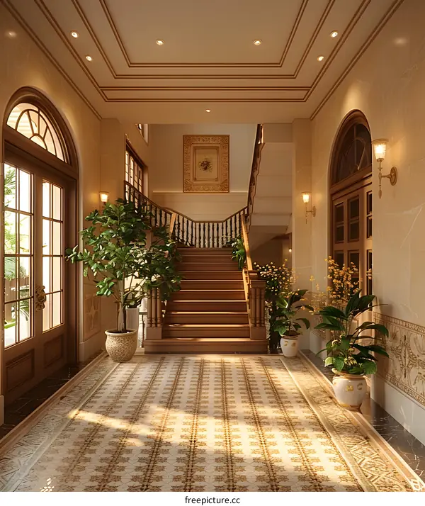 Elegant Interior Design with Wooden Stairs and Decorative Tiles