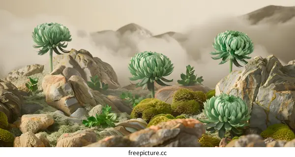 Green Flowers Growing On Rocks With Misty Mountain Background