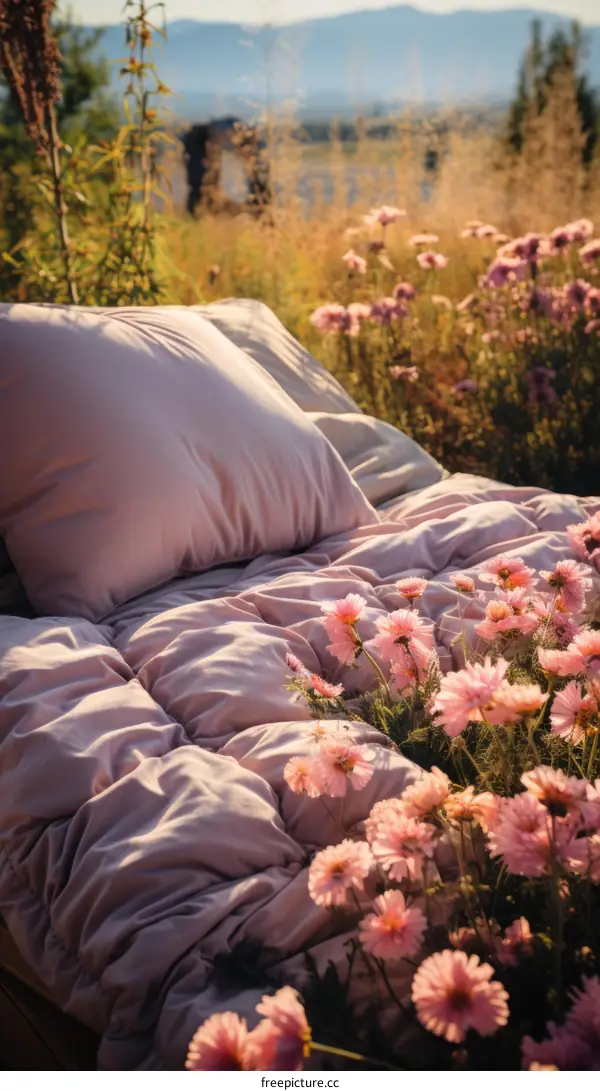 A pink comforter is laying in a field of pink flowers