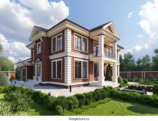 A large two-story brick house with a garden