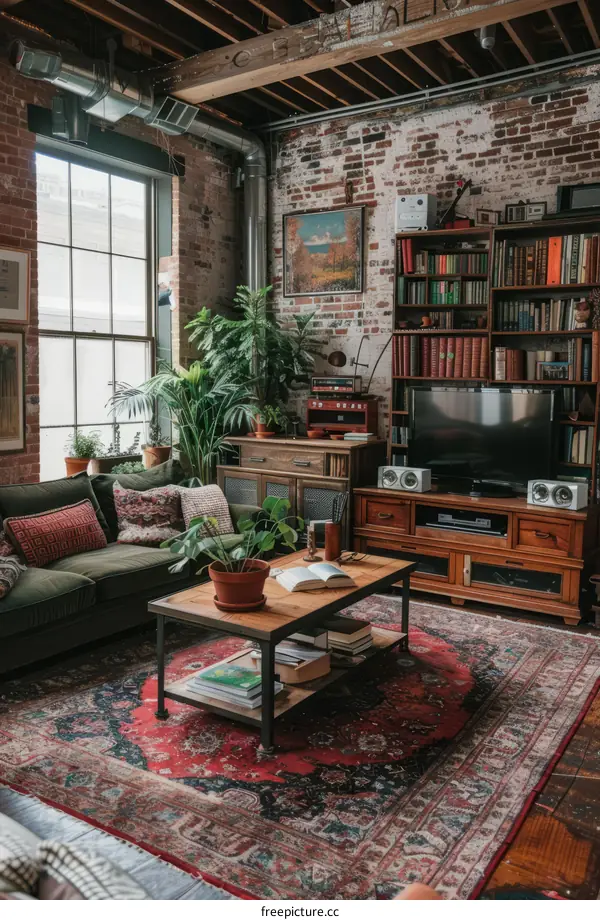 cozy industrial living room design with wood beams, brick walls, and vintage furniture