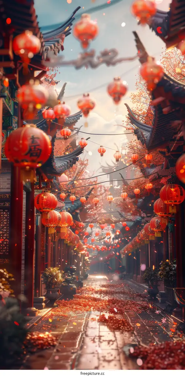 Chinese courtyard with red lanterns in the daytime