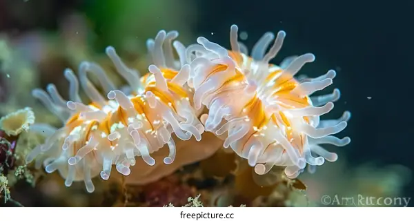 Close-up of a cluster of white and orange cup corals