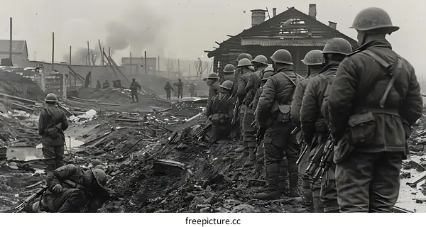 A group of soldiers in a war zone