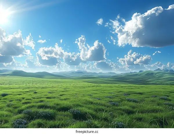 Vast Green Meadow Under a Sky of Clouds