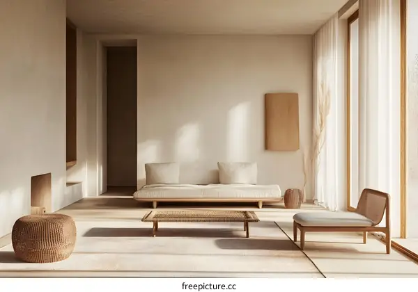 Modern Minimalist Living Room Interior Design with Wicker Furniture