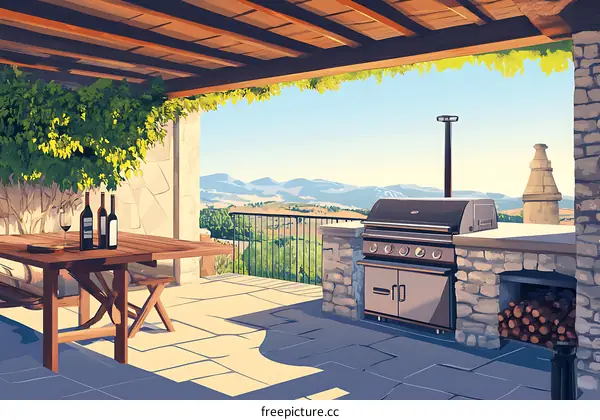 Outdoor Patio With Stone Grill and Wine Bottles