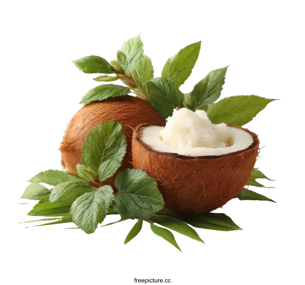 [Transparent Background PNG]Fresh Coconut with Green Leaves