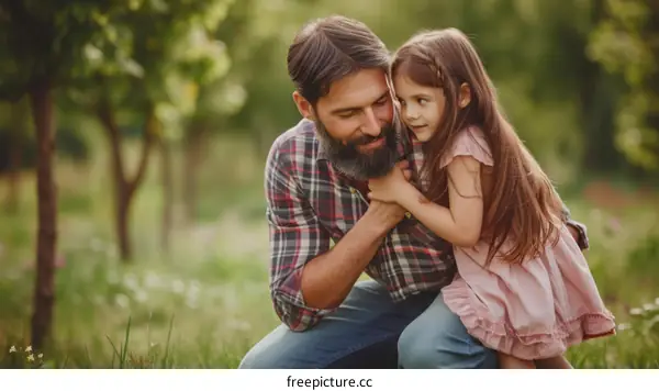 Father and daughter are talking in the garden.