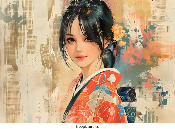 An illustration of a young woman in a kimono with a beautiful face and gentle smile