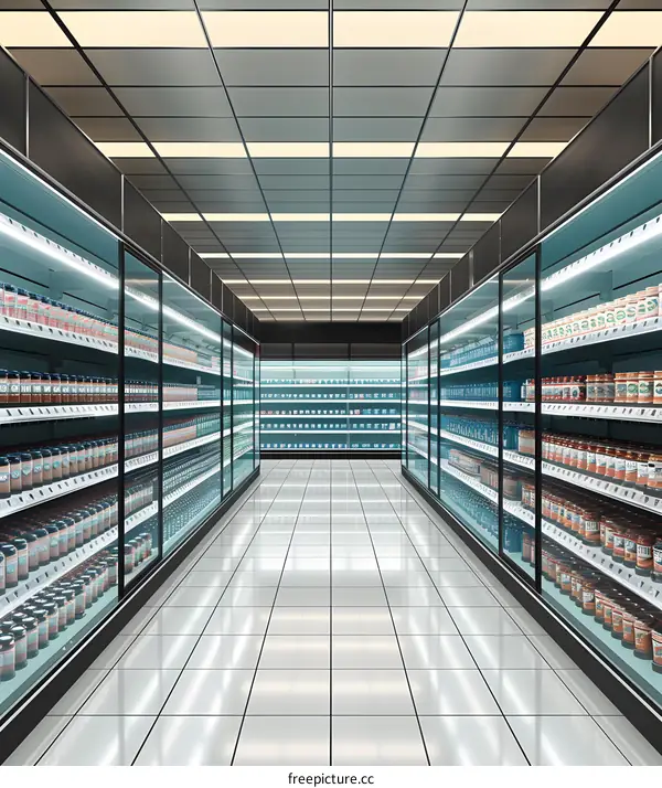 Empty Supermarket Aisle with Glass Shelves