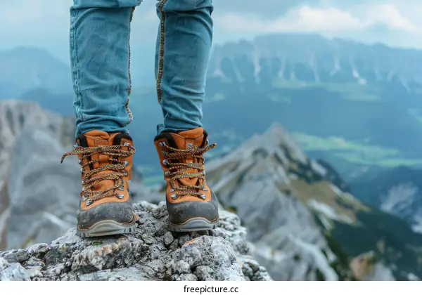 A person standing on a rock in the mountains