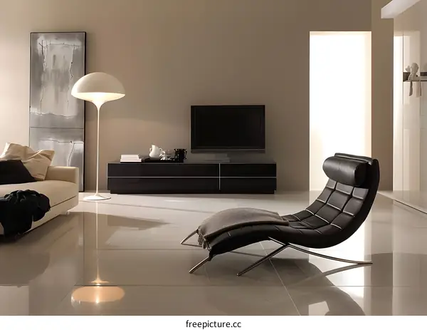 Modern Living Room Interior Design with Black Leather Chaise Lounge
