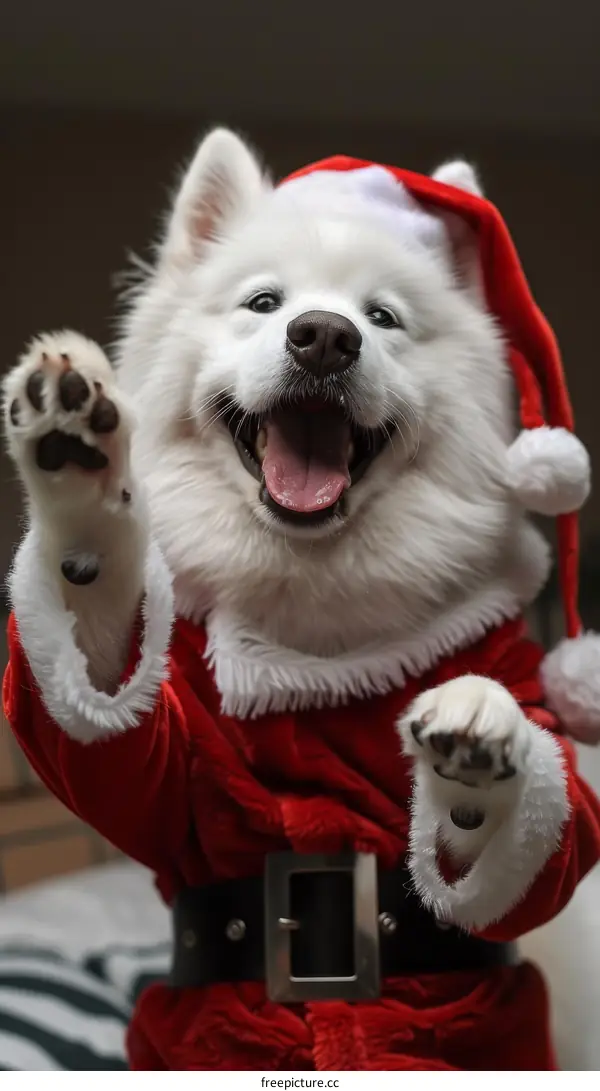 Samoyed dog wearing a Santa hat and costume