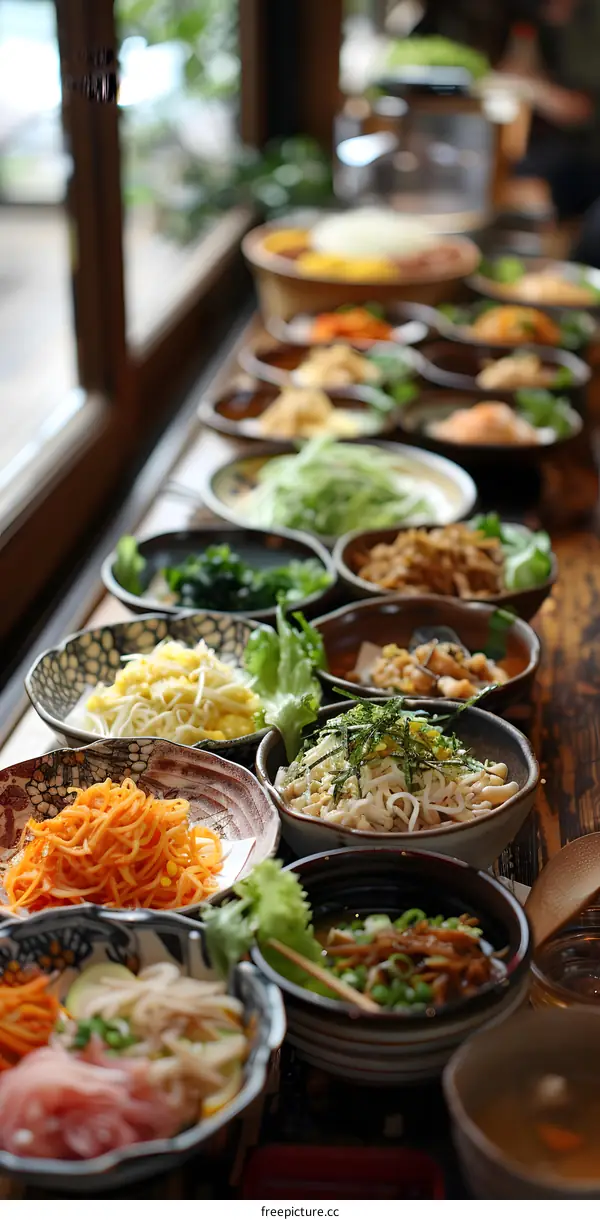 A variety of Japanese dishes are served in small bowls on a long wooden table.