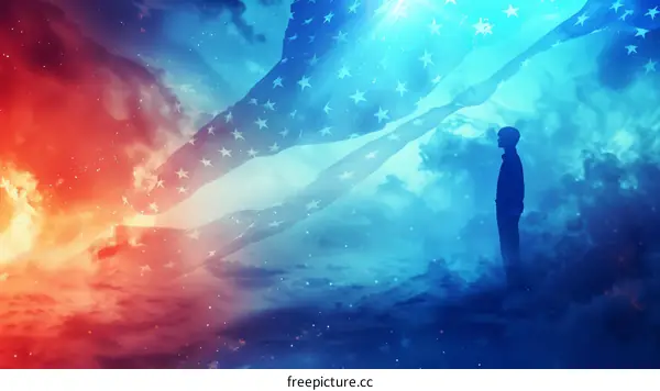 American Boy Gazing at the Flag in the Sky