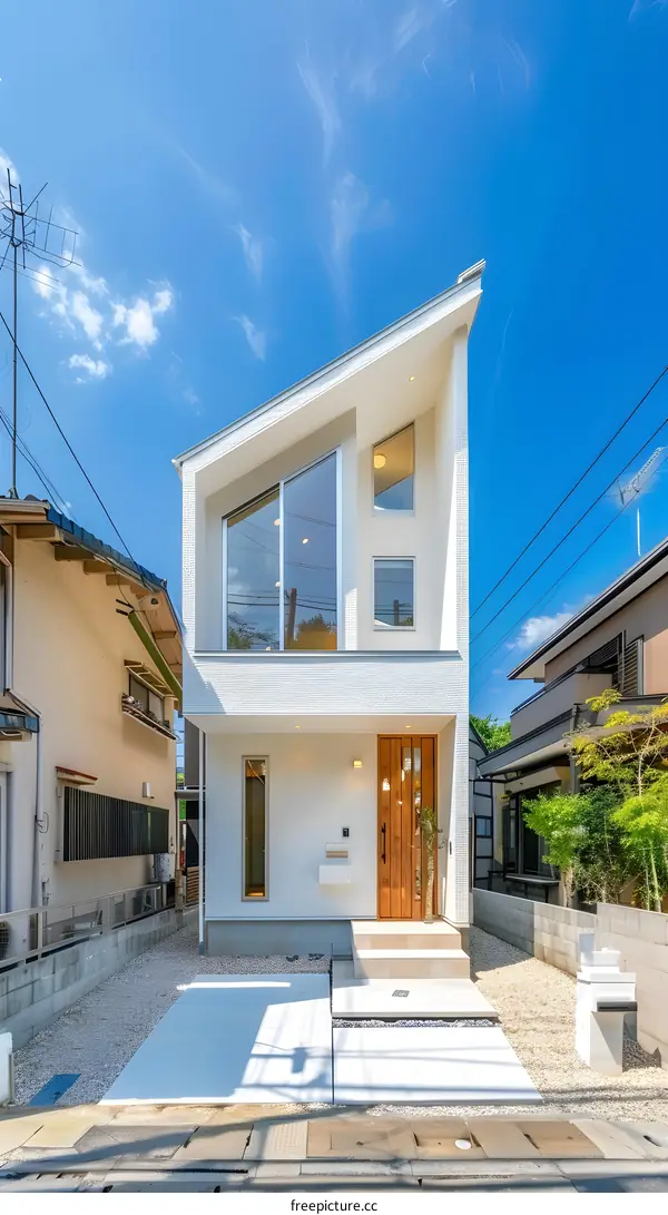 Modern White House with Large Windows and a Wooden Door
