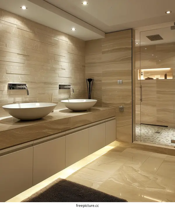 Bathroom interior with two vessel sinks