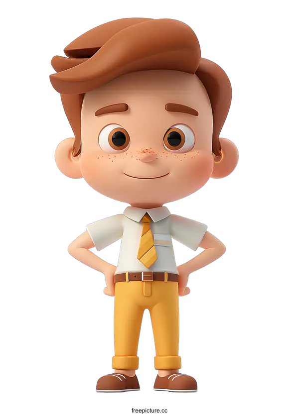 [Transparent Background PNG]a 3d illustration of a boy in a white shirt and yellow pants