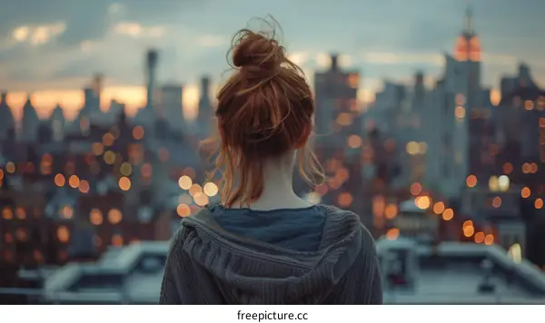 girl looking at city lights from rooftop at sunset