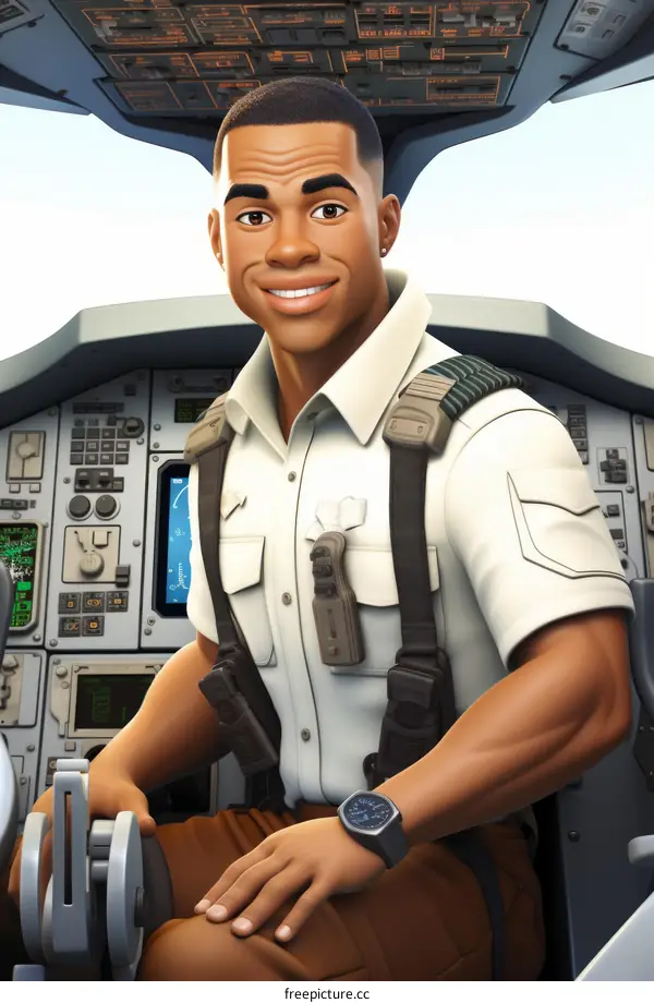 African American pilot in uniform sitting in cockpit