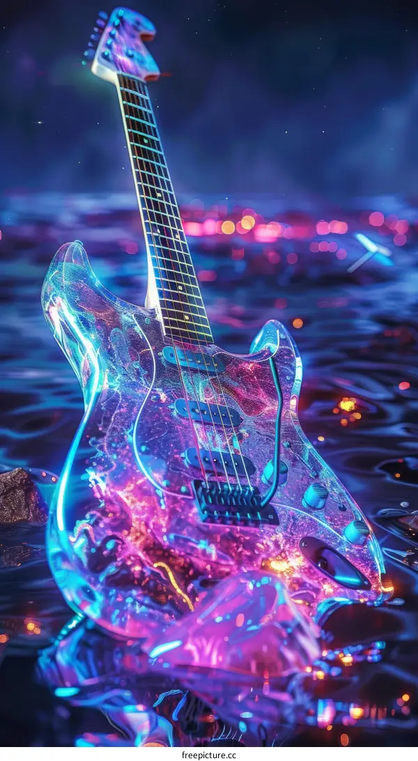 An electric guitar with a clear body and a rainbow-colored light show inside.