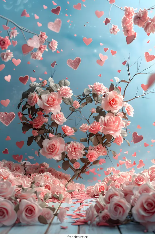 Pink roses in the shape of a heart