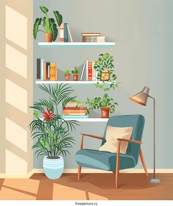 Cozy Living Room with Armchair and Bookshelf