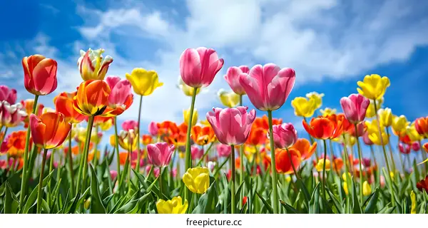 Colorful Tulips in a Field Under a Blue Sky