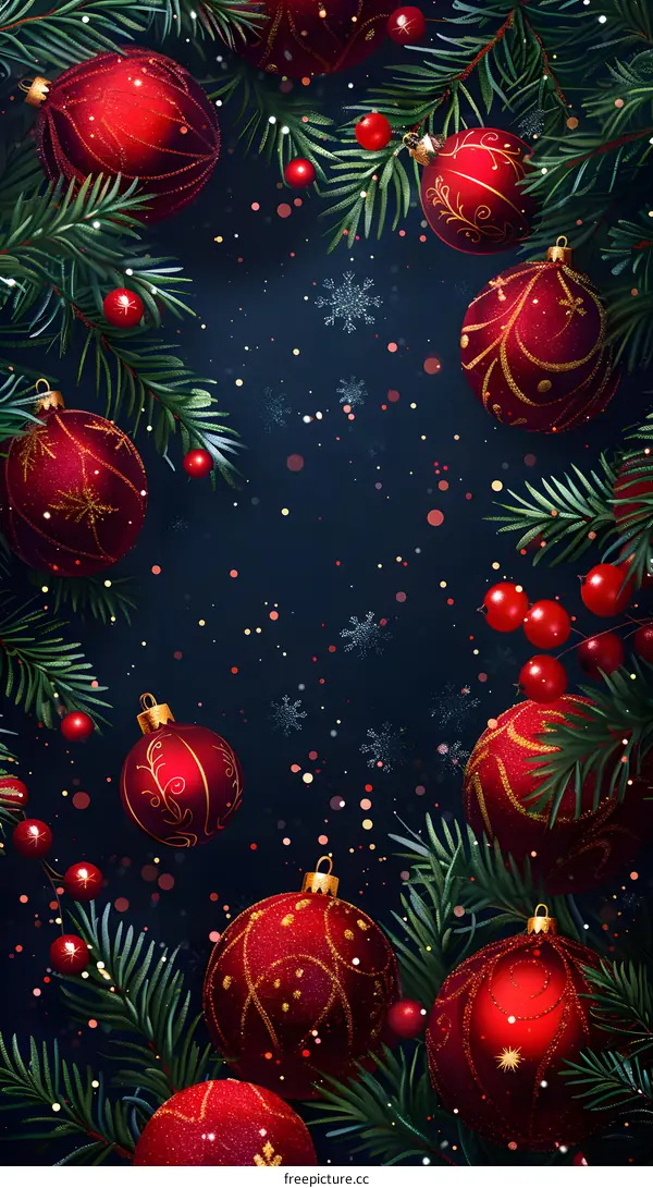 Christmas ornaments with fir branches and red berries on dark blue background