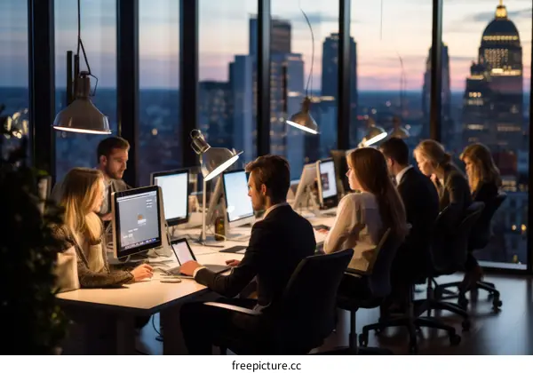A group of people working in an office at night
