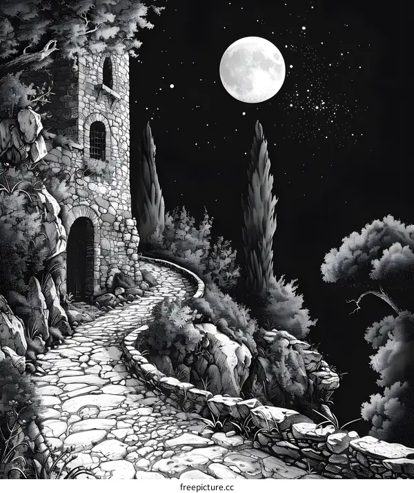 A path leading to a tower under the moonlight
