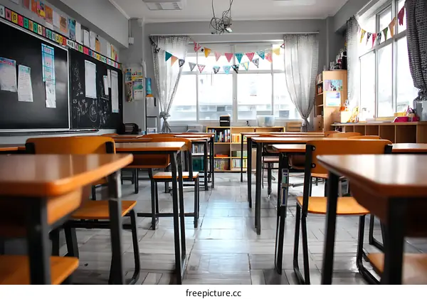 Empty Classroom Interior with Desks and Chairs