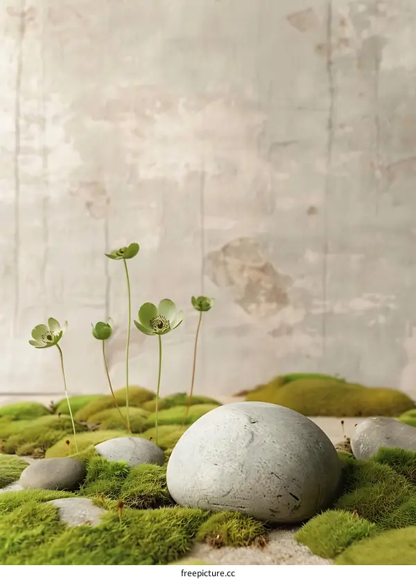 Green Flower and Stone Minimalist Composition