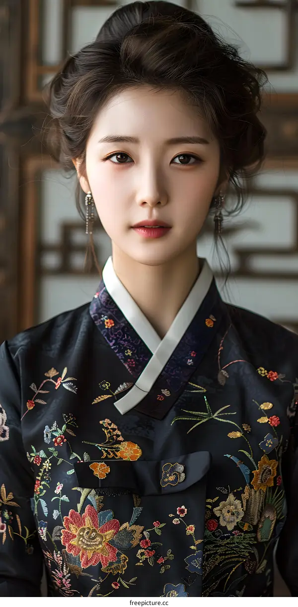 Portrait of a young Korean woman in traditional Korean dress, the hanbok