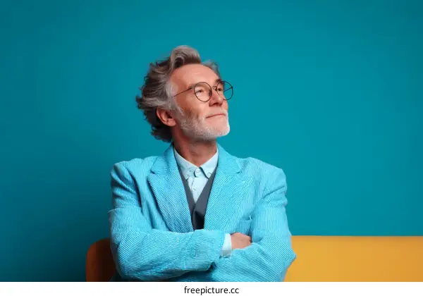 Thoughtful Senior Man in Light Blue Suit