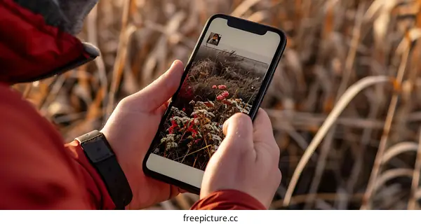 Man in a Red Jacket Viewing a Phone Screen With a Photo of Red Flowers and Snow