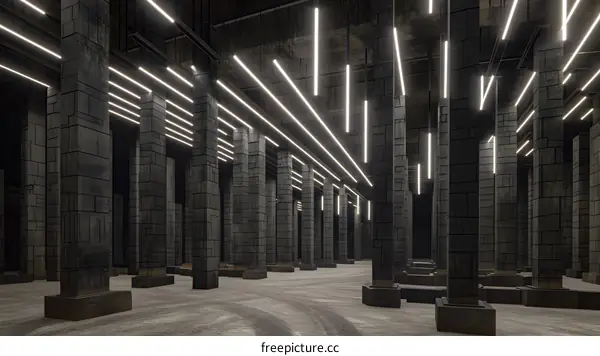 Modern Minimalist Interior Design With Concrete Pillars and Fluorescent Lighting