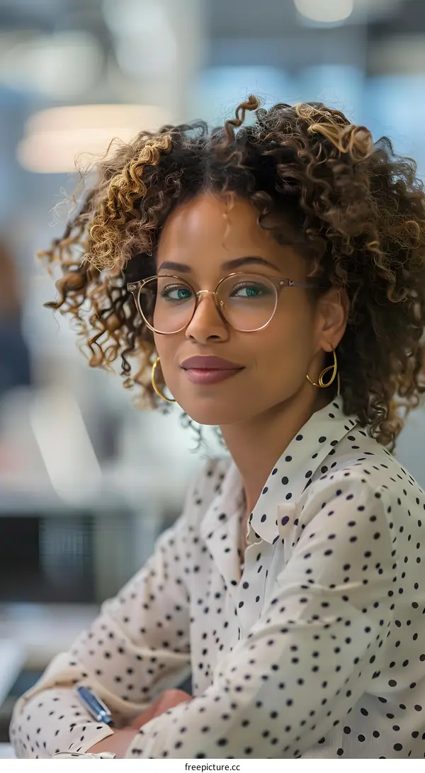 portrait of a young woman with curly hair wearing glasses and a polka dot shirt